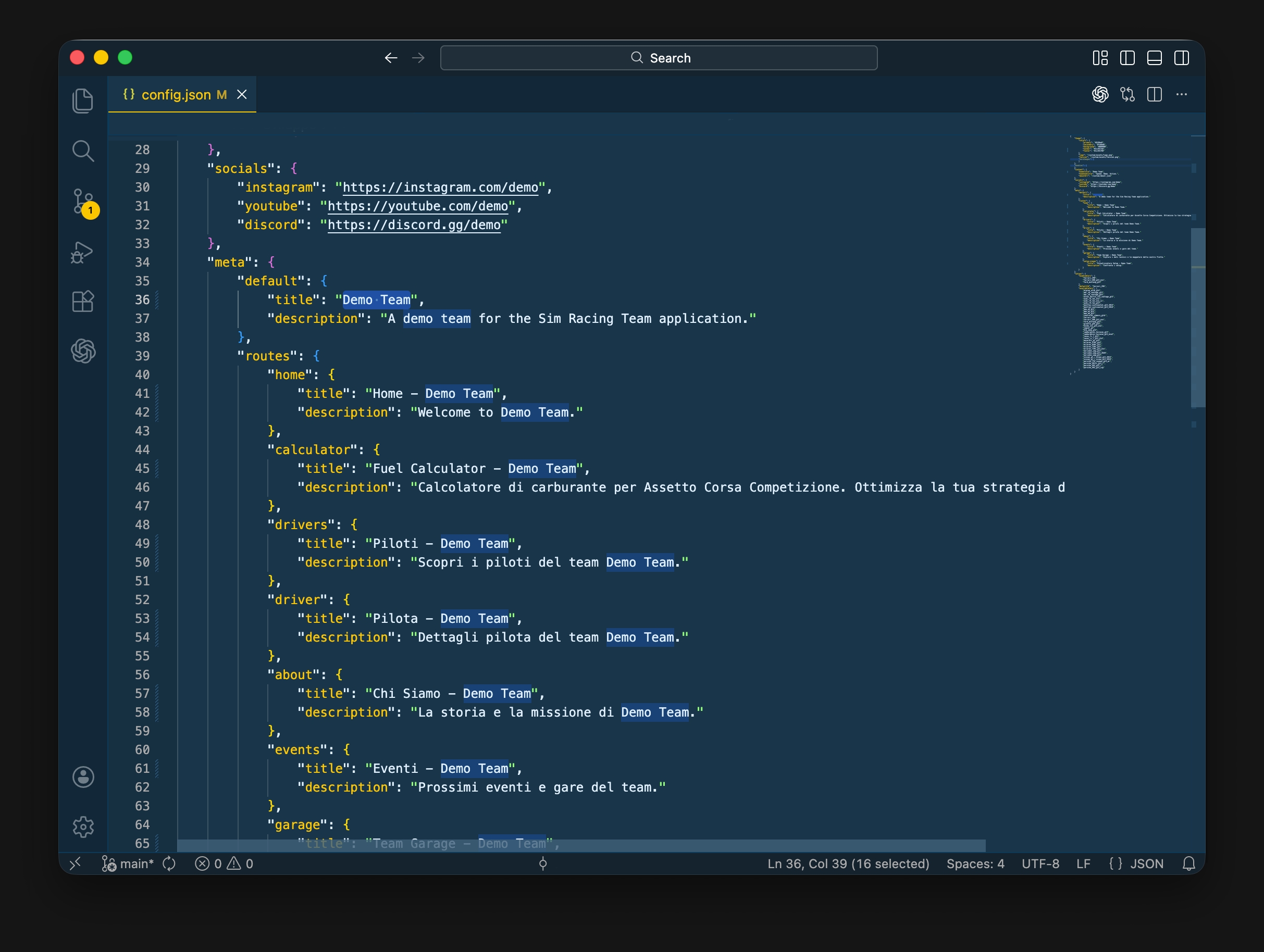 Screenshot File di Configurazione